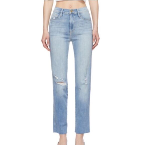 Frame Le Sylvia Slender Straight Raw Edge Light Washed Stretch Jeans Size 28 - Picture 1 of 7